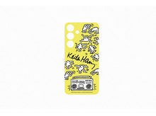 Charger l'image dans la galerie, Une coque de téléphone jaune avec un design Keith Haring avec des bonhommes blancs et un boombox.
