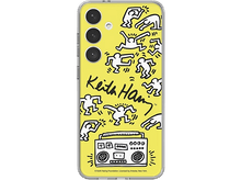 Charger l'image dans la galerie, Coque de téléphone jaune avec art de Keith Haring. Figures et un boombox sont visibles.