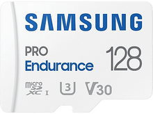 Charger l'image dans la galerie, Une carte microSD blanche Samsung Pro Endurance 128. Elle affiche le logo microSD, les chiffres 128, U3 et V30.