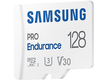 Charger l'image dans la galerie, Une carte SD blanche avec texte bleu et blanc : Samsung, Pro Endurance, 128, Micro SD.