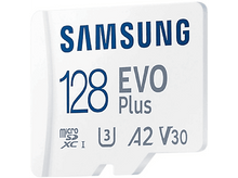 Charger l'image dans la galerie, Carte microSD Samsung 128 EVO Plus blanche, avec texte et symboles.