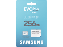 Charger l'image dans la galerie, Un emballage bleu et blanc affiche une carte microSD Samsung de 256 Go et un adaptateur. La carte est affichée séparément.