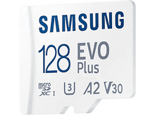 Charger l'image dans la galerie, Une carte microSD blanche Samsung 128 EVO Plus avec texte et logo.