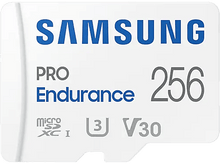 Charger l'image dans la galerie, Carte microSD Samsung Pro Endurance 256 blanche. Texte et logo visibles.