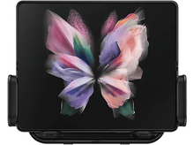 Charger l'image dans la galerie, Une tablette pliable dans un support, affichant une image colorée en forme de papillon sur l'écran.