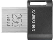 Charger l'image dans la galerie, Clé USB 3.1 Samsung argentée et noire avec '256' et 'USB 3.1' imprimés, fond noir.
