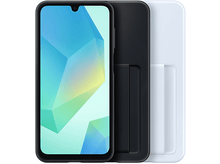 Charger l'image dans la galerie, Smartphone avec écran géométrique bleu-vert, coques de téléphone noires et blanches. Fond blanc.