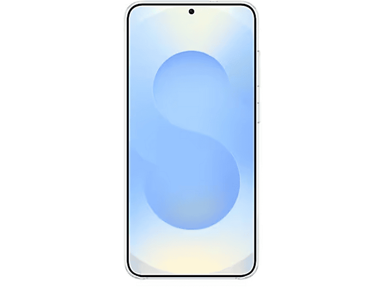 Un smartphone blanc avec un design en dégradé bleu clair et jaune en forme de 'S' sur l'écran, isolé sur fond blanc.