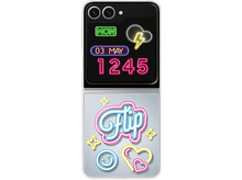 Charger l'image dans la galerie, Téléphone noir avec icônes d'applications néon. Affiche un widget météo et un logo 'Flip' avec smiley et cœur.