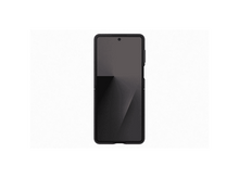 Charger l'image dans la galerie, Un smartphone pliable noir est centré sur un fond blanc. Le téléphone est fermé, affichant un écran sombre et un cadre noir.