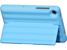 Charger l'image dans la galerie, Étui de tablette bleu avec support. Montre l'arrière avec caméra et trous de boutons.