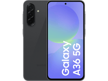 Charger l'image dans la galerie, Téléphone gris foncé Samsung Galaxy A36 5G sur fond noir, montrant l'écran et l'arrière.