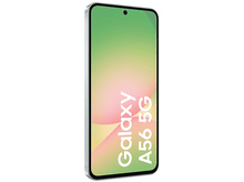 Charger l'image dans la galerie, Un smartphone blanc et argenté. L'écran affiche 'Galaxy A56 5G'. Fond blanc.