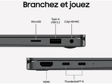 Charger l'image dans la galerie, Ports d'ordinateur portable : MicroSD, USB, prise audio, HDMI, Thunderbolt. Fond blanc avec texte 'Plug and Play'.