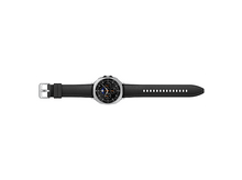Charger l'image dans la galerie, Une montre connectée argentée avec bracelet en cuir noir sur fond blanc. Le cadran affiche divers cadrans.
