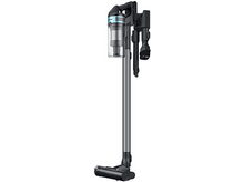 Charger l'image dans la galerie, Un aspirateur vertical avec un design bleu et argenté, plusieurs accessoires et un récipient à poussière transparent.