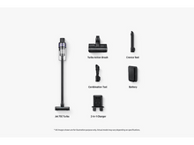 Charger l'image dans la galerie, Aspirateur avec accessoires disposés. Comprend une brosse turbo, un outil combiné et une batterie.