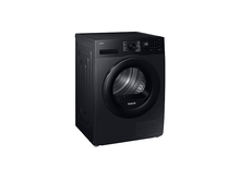 Charger l'image dans la galerie, Un sèche-linge Samsung noir. Il a une porte ronde, un écran numérique et un panneau de commande. Le sèche-linge est sur fond blanc.