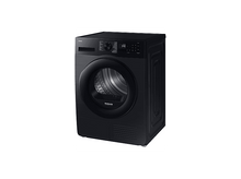Charger l'image dans la galerie, Un sèche-linge Samsung noir est présenté en biais. Le sèche-linge a une porte ronde et un panneau de commande. Le fond est blanc.