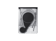 Charger l'image dans la galerie, L'arrière d'un sèche-linge avec divers composants : un grand filtre circulaire noir, des tuyaux gris et un réservoir d'eau blanc.