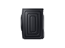 Charger l'image dans la galerie, Une machine à laver noire, vue latérale. L'arrière a un design de panneau encastré. Une porte circulaire est visible sur le côté gauche.