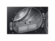 Charger l'image dans la galerie, Porte du sèche-linge ouverte. À l'intérieur, un filtre à peluches gris est visible. Le tambour en acier inoxydable a un motif en losanges.