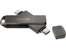 Charger l'image dans la galerie, Une clé USB Sandisk grise avec des connecteurs Lightning et USB-C.
