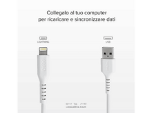 Charger l'image dans la galerie, Câbles de charge blancs avec extrémités Lightning et USB. Texte: 'Connectez-vous à votre ordinateur pour charger et synchroniser les données'.