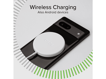 Charger l'image dans la galerie, Smartphone noir sur un socle de chargement blanc. Texte : Recharge sans fil.