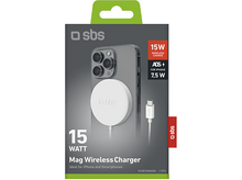 Charger l'image dans la galerie, Chargeur sans fil Mag blanc pour iPhone et Smartphones dans une boîte. Image en noir et blanc du téléphone est derrière.