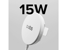 Charger l'image dans la galerie, Un chargeur sans fil SBS blanc avec texte 15W et un arrière-plan clair.