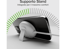 Charger l'image dans la galerie, Un téléphone noir est posé sur un support blanc. Le support a un design vert et gris.