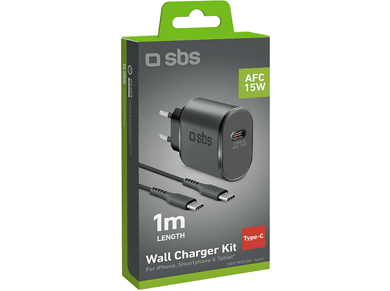 Un kit de chargeur mural dans une boîte verte avec un chargeur et un câble noirs.