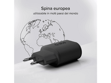 Charger l'image dans la galerie, Adaptateur secteur noir avec deux broches. Une carte du monde en arrière-plan.