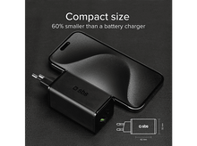 Charger l'image dans la galerie, Chargeur noir à côté d'un téléphone, avec détails de taille et un dessin.