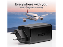 Charger l'image dans la galerie, Chargeur noir et avion en arrière-plan. Le texte dit 'Chargeur idéal pour voyager' et 'Partout avec vous'.