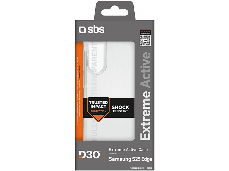 Un emballage de coque de téléphone. Il présente le logo SBS, les détails du produit et un code QR. L'emballage est gris, orange et blanc.