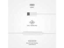 Charger l'image dans la galerie, Diagramme montrant un connecteur USB-C, la gestion des appels et les commandes multifonctions. Le tout est blanc sur fond blanc.