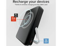 Charger l'image dans la galerie, Chargeur sans fil noir avec indicateur. Texte : Rechargez vos appareils. Port USB-C et PD 20W.