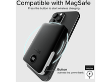 Charger l'image dans la galerie, Batterie externe noire attachée à un téléphone, avec un bouton et un affichage du pourcentage.