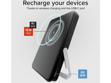 Charger l'image dans la galerie, Chargeur sans fil noir avec support. Caractéristiques: charge sans fil 15W pour iPhone, port PD 20W. Fond blanc.