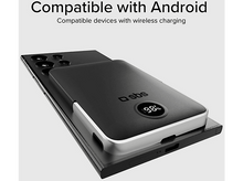 Charger l'image dans la galerie, Batterie externe noire sur un téléphone noir. Texte : Compatible avec Android, appareils compatibles avec la charge sans fil.