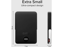 Charger l'image dans la galerie, Batterie externe noire, vue latérale et frontale. Dimensions 7x10x1 cm.