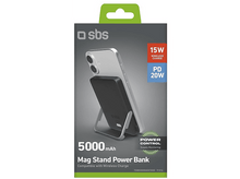 Charger l'image dans la galerie, Batterie externe noire avec un téléphone dessus. La batterie a un support et la boîte a du texte.