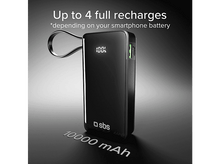 Charger l'image dans la galerie, Batterie externe noire indiquant 100 % de charge, avec du texte indiquant qu'elle peut fournir jusqu'à 4 recharges complètes.