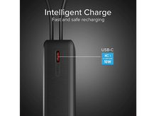 Charger l'image dans la galerie, Un chargeur noir avec port USB-C, étiqueté IC et sortie 10W. Deux câbles noirs connectés.