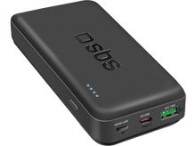 Charger l'image dans la galerie, Batterie externe noire avec lumières bleues. Étiquette 'SBS'. Possède des ports Micro-USB et Type-C.