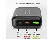 Charger l'image dans la galerie, Une batterie externe avec plusieurs ports et un boîtier noir, avec des ports Micro-USB, Type-C et USB-A.