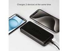 Charger l'image dans la galerie, Batterie externe noire avec deux téléphones en charge. Téléphones affichent 75% de charge. Texte : Charge 2 appareils.