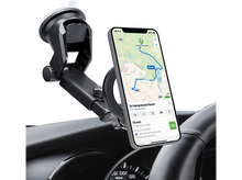 Charger l'image dans la galerie, Le téléphone dans un support de voiture affiche une carte. Tableau de bord noir visible.